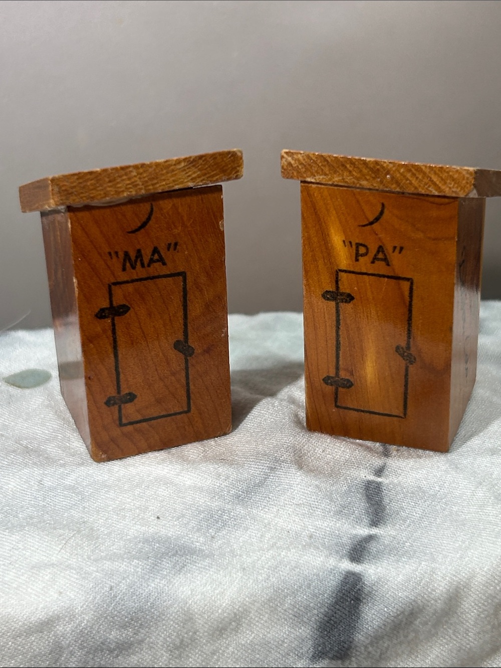 Vintage Outhouse Brown Wooden 'MA' and 'PA' Salt and Pepper Shakers